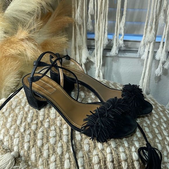 Aquazzura Black Fringe Wild Thing Block Heel Sandals